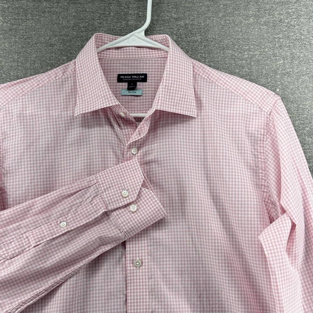 Peter Millar Crown Crafted Flex Finish Shirts Men Sz Large Pink Check Button Up